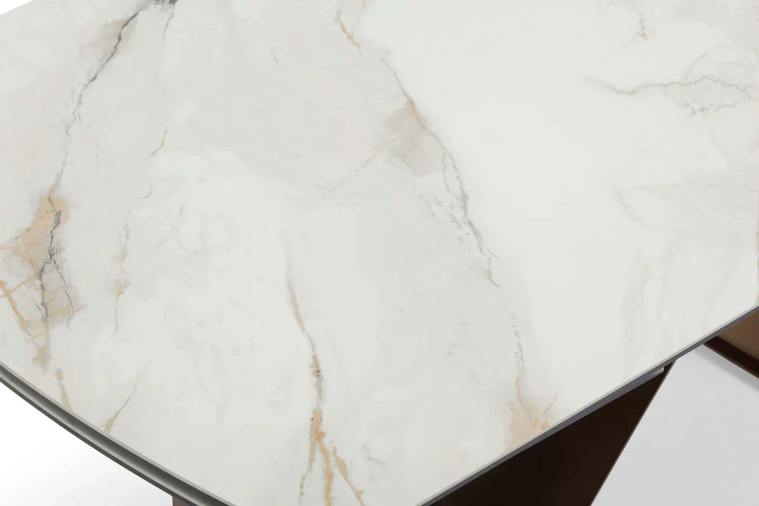 Lusso 180-260cm Italian Brushed Brass & Sunset Statuario Ceramic Marble Side Extending Dining Table