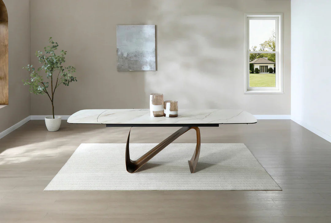 Lusso 180-260cm Italian Brushed Brass & Sunset Statuario Ceramic Marble Side Extending Dining Table With Milo Walnut Wooden Dining Chairs