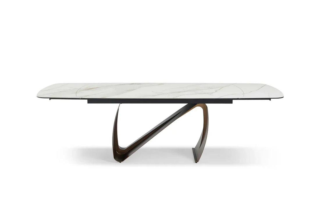 Lusso 180-260cm Italian Brushed Brass & Sunset Statuario Ceramic Marble Side Extending Dining Table With Milo Walnut Wooden Dining Chairs