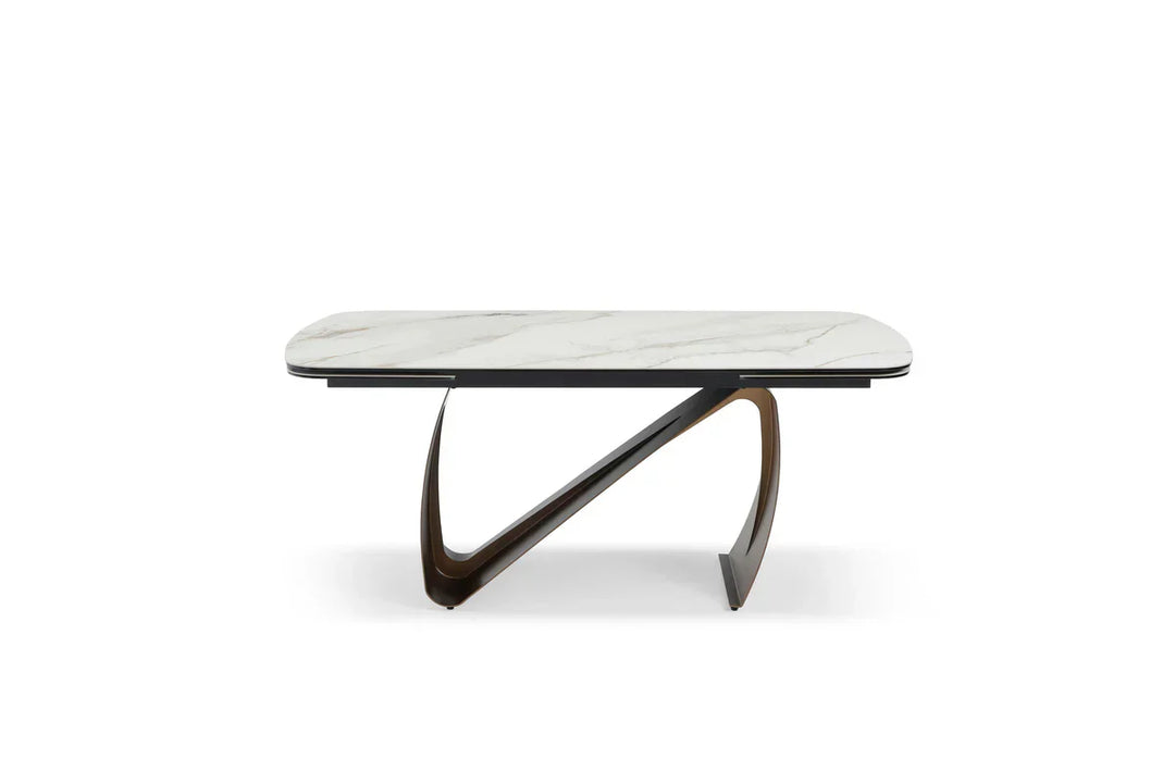 Lusso 180-260cm Italian Brushed Brass & Sunset Statuario Ceramic Marble Side Extending Dining Table With Milo Walnut Wooden Dining Chairs