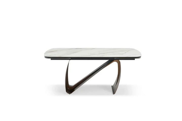 Lusso 180-260cm Italian Brushed Brass & Sunset Statuario Ceramic Marble Side Extending Dining Table With Milo Walnut Wooden Dining Chairs