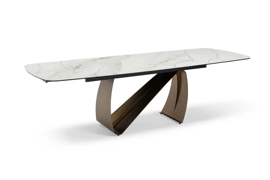 Lusso 180-260cm Italian Brushed Brass & Sunset Statuario Ceramic Marble Side Extending Dining Table With Milo Walnut Wooden Dining Chairs