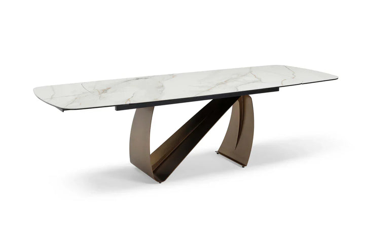 Lusso 180-260cm Italian Brushed Brass & Sunset Statuario Ceramic Marble Side Extending Dining Table With Milo Walnut Wooden Dining Chairs