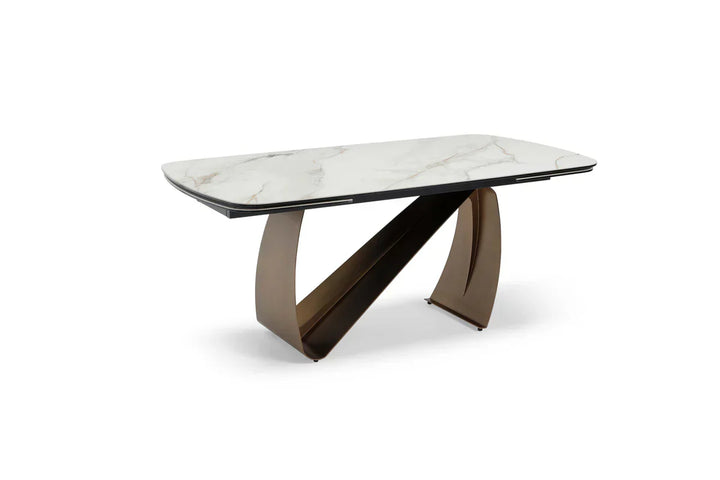 Lusso 180-260cm Italian Brushed Brass & Sunset Statuario Ceramic Marble Side Extending Dining Table With Milo Walnut Wooden Dining Chairs