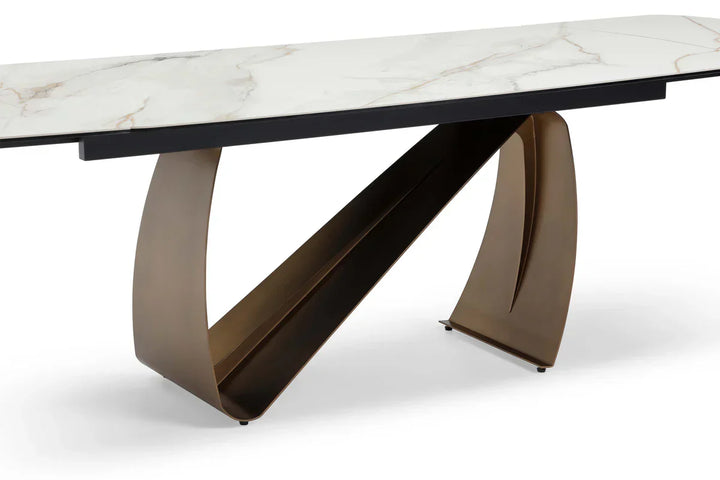 Lusso 180-260cm Italian Brushed Brass & Sunset Statuario Ceramic Marble Side Extending Dining Table With Milo Walnut Wooden Dining Chairs