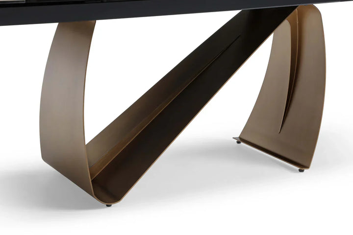 Lusso 180-260cm Italian Brushed Brass & Sunset Statuario Ceramic Marble Side Extending Dining Table With Milo Walnut Wooden Dining Chairs
