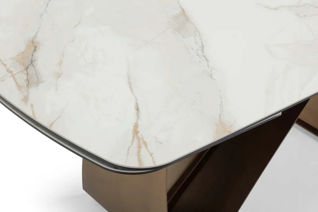Lusso 180-260cm Italian Brushed Brass & Sunset Statuario Ceramic Marble Side Extending Dining Table