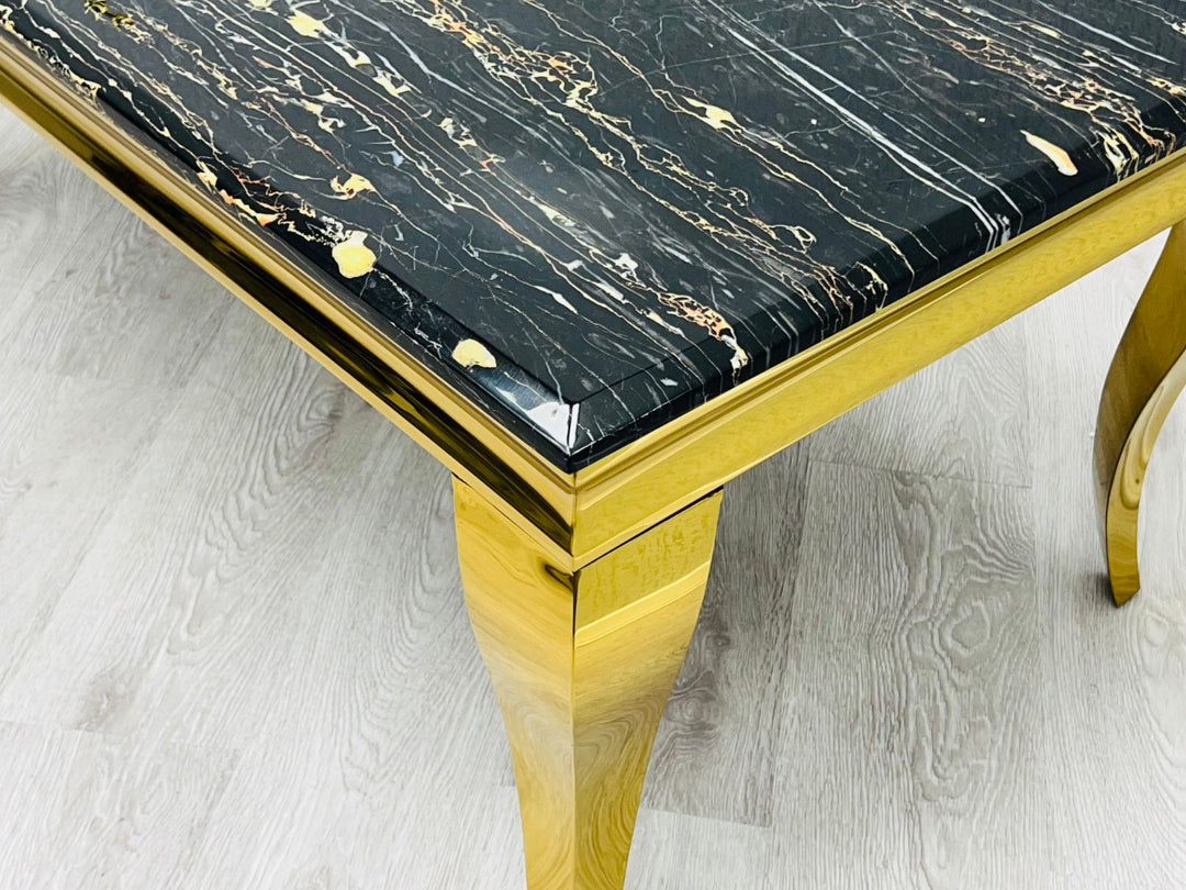 Louis Gold Black Marble Dining Table With Shimmer Black / Gold Lion Knocker Dining Chairs