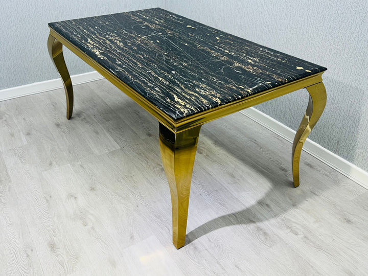 Louis Marble & Gold Dining Table With Lucy Slim Quilted Gold Ring Square Knocker Velvet Chairs
