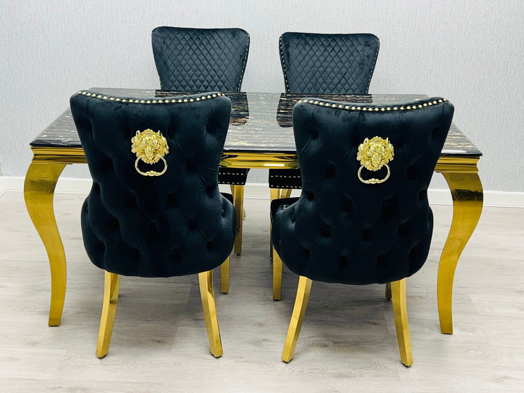 Louis Gold Black Marble Dining Table With Shimmer Black / Gold Lion Knocker Dining Chairs