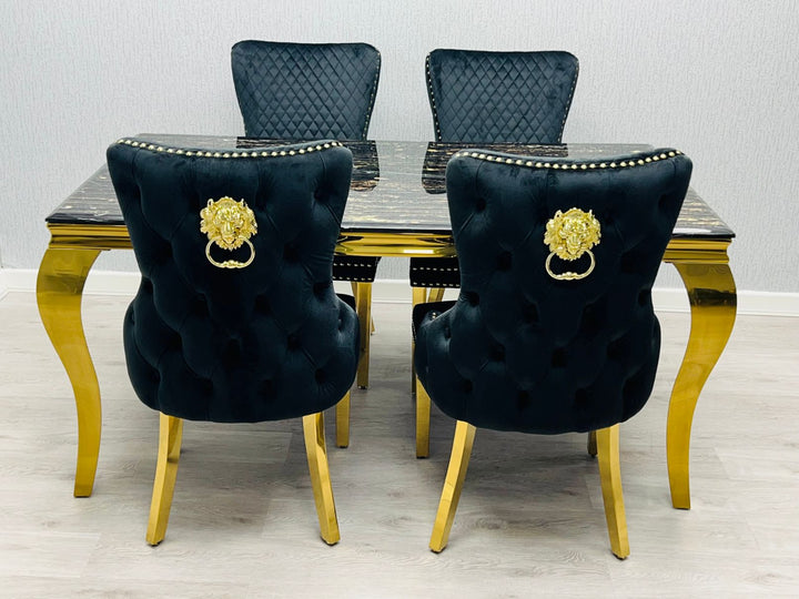 Louis Gold Black Marble Dining Table With Shimmer Black / Gold Lion Knocker Dining Chairs