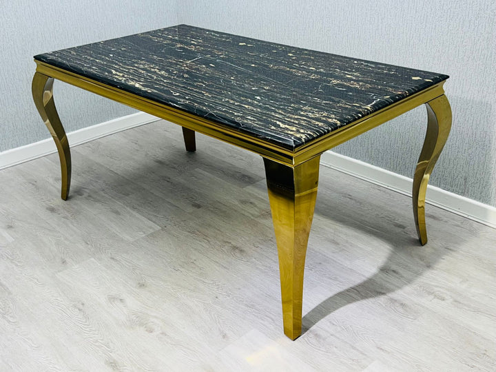 Louis Gold Black Marble Dining Table With Shimmer Black / Gold Lion Knocker Dining Chairs
