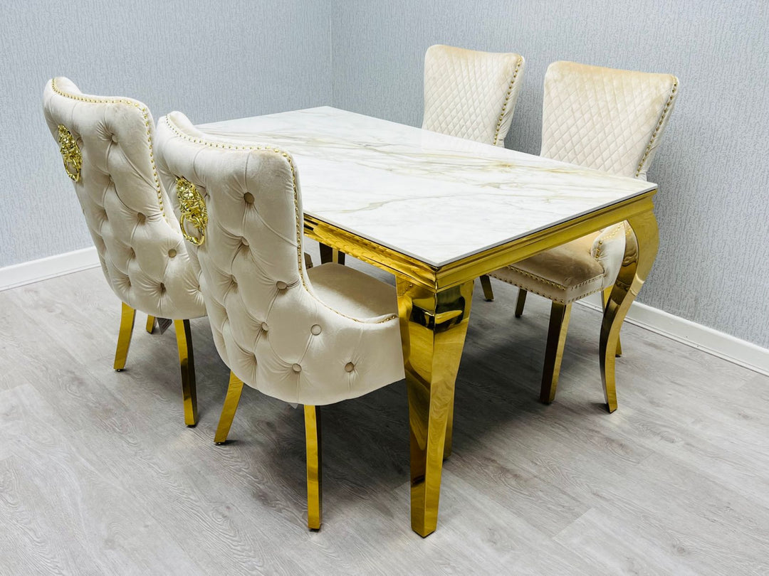 Louis 160cm Marble & Gold Dining Table With Victoria Gold Lion Knocker Velvet Chairs