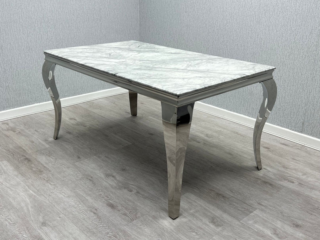 Louis Marble & Chrome Dining Table With Shimmer Chrome Ring Knocker Chairs