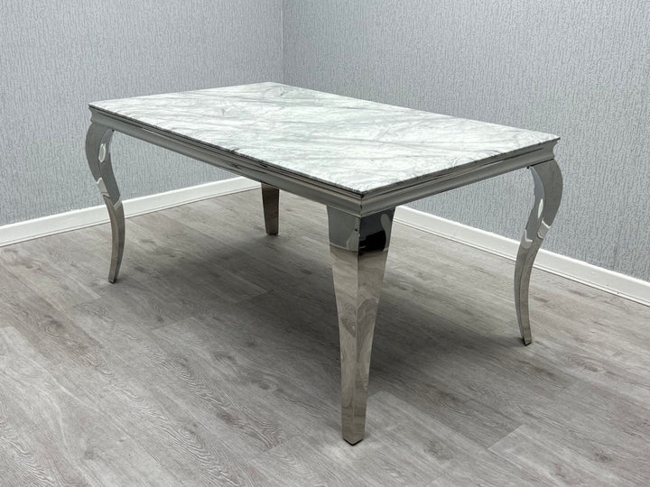 Louis Marble & Chrome Dining Table With Shimmer Chrome Ring Knocker Chairs