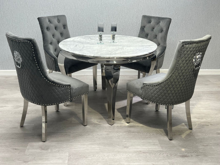 Louis Grey Round 110cm Marble Dining Table + Grey Lion Knocker Velvet Dining Chairs