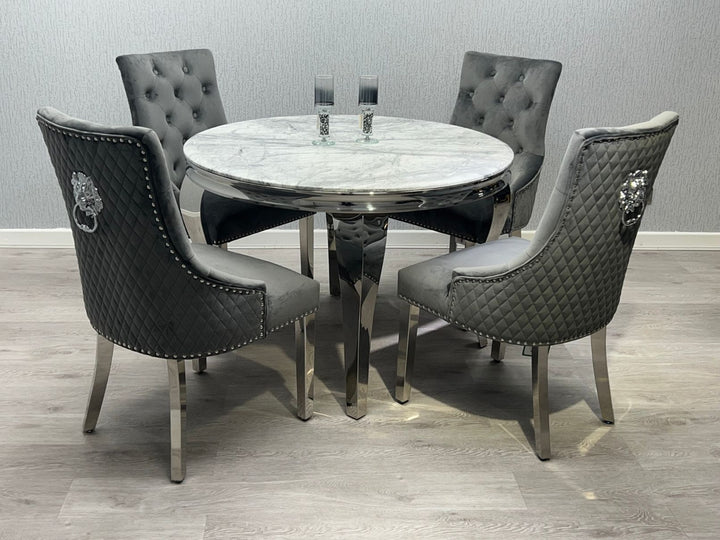 Louis Grey Round 130cm Marble Dining Table + Grey Lion Knocker Velvet Dining Chairs