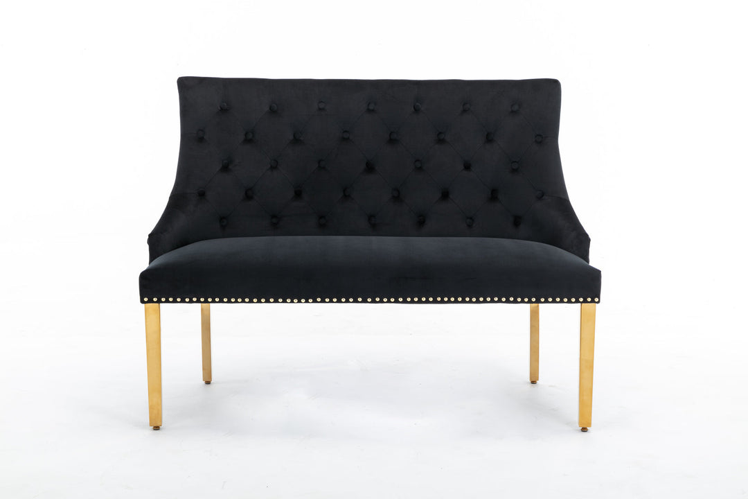 Majestic Gold Lion Knocker Quilted High Back Black Gold Plush Velvet 130cm Dining Bench