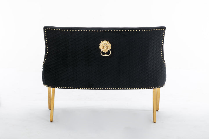 Majestic Gold Lion Knocker Quilted High Back Black Gold Plush Velvet 130cm Dining Bench