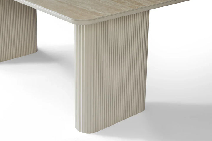 Marlow 180cm Italian Satin Cream & Travertine Ceramic Marble Dining Table