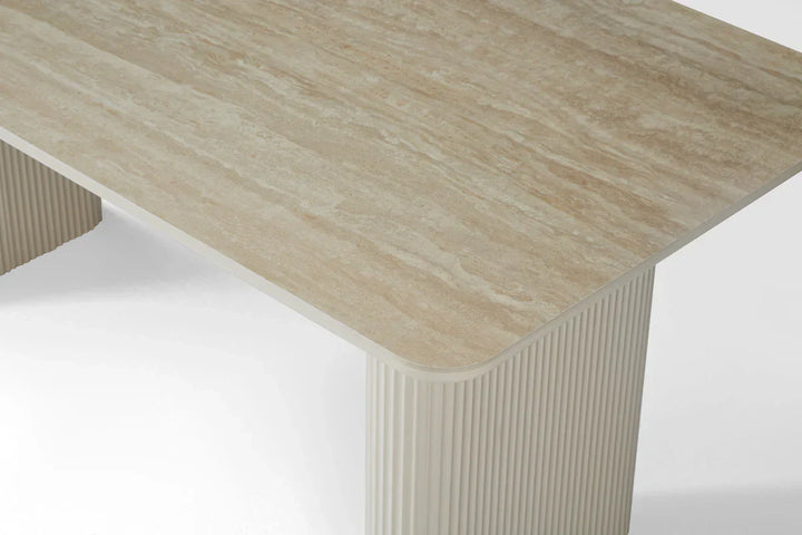 Marlow 180cm Italian Satin Cream & Travertine Ceramic Marble Dining Table