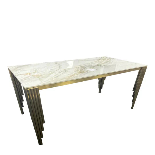 Mayfair 180CM Gold Marble Dining Table With Lucy Gold Ring Knocker Quilted Dining Chairs