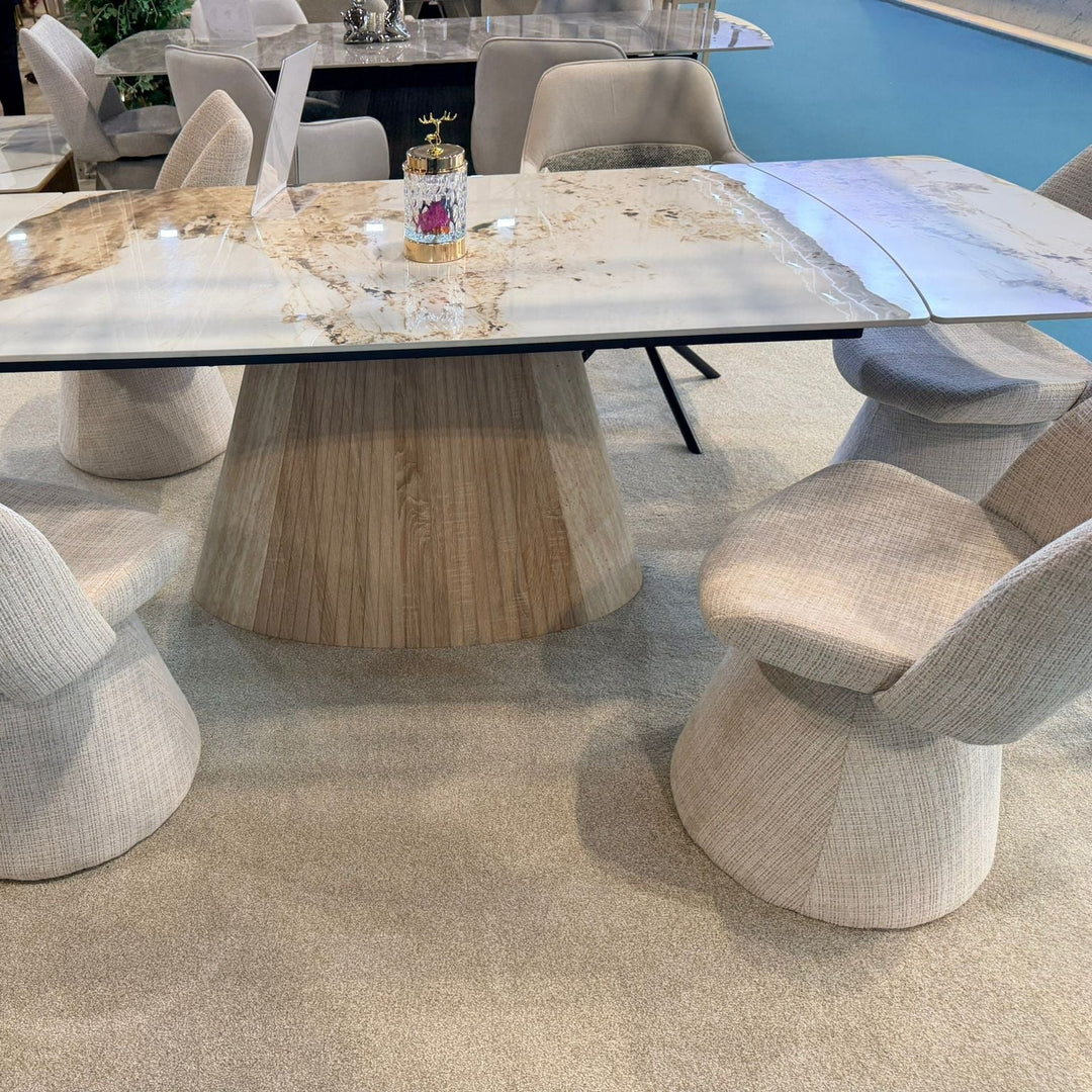 Monaco Pandora Beige 160-240cm Extending Ceramic Marble Dining Table With Beige Velvet 360 Swivel Chairs