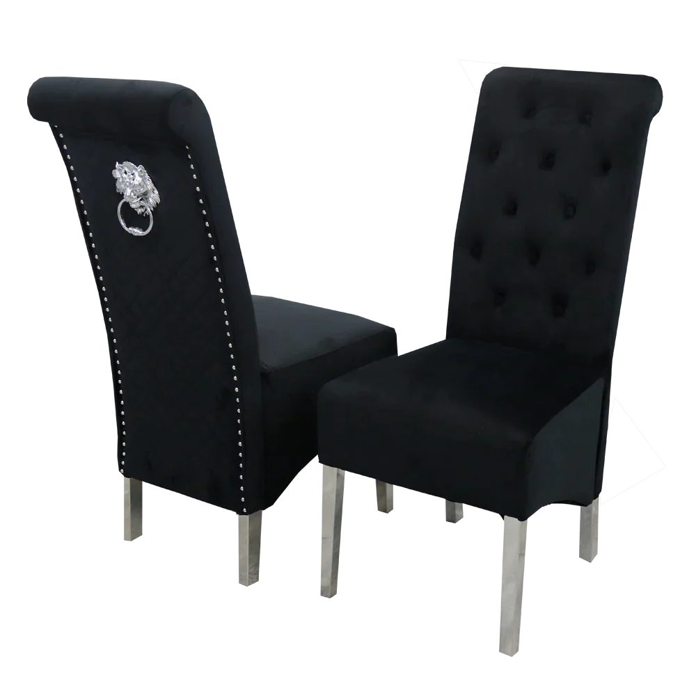 Louis Marble & Chrome Dining Table With Lucy Slim Quilted Lion Knocker Velvet Chairs