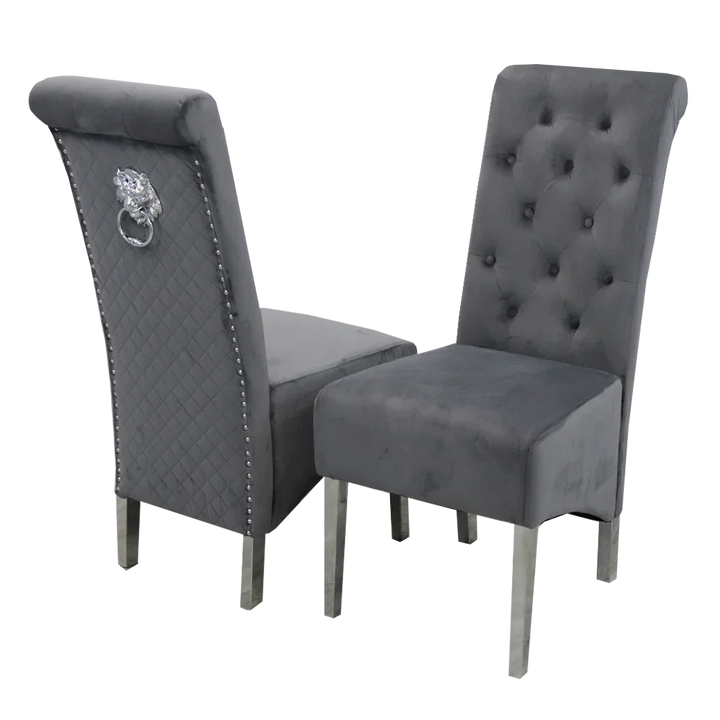 Arianna Marble & Chrome Dining Table With Lucy Slim Quilted Lion Knocker Velvet Chairs