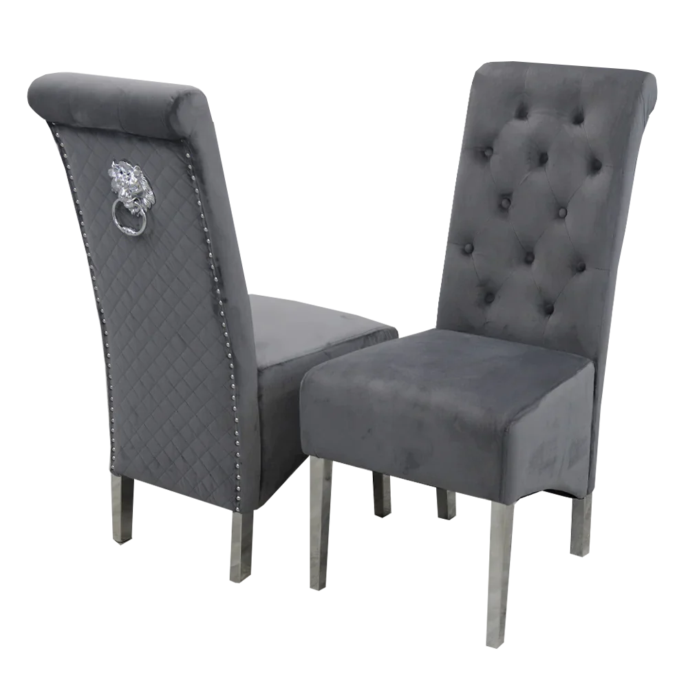 Louis Marble & Chrome Dining Table With Lucy Slim Quilted Lion Knocker Velvet Chairs