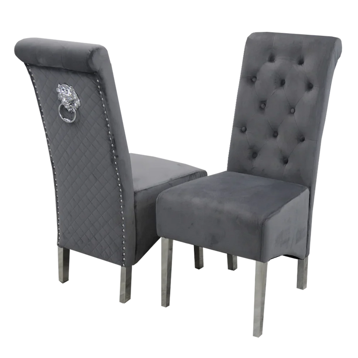 Louis Marble & Chrome Dining Table With Lucy Slim Quilted Lion Knocker Velvet Chairs