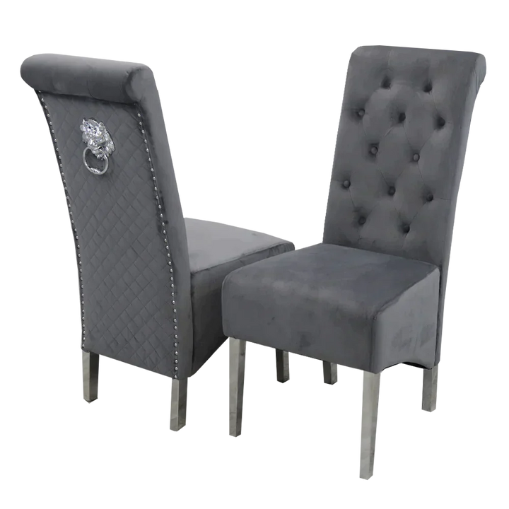 Arial 200cm Marble & Chrome Dining Table With Lucy Slim Quilted Lion Knocker Velvet Chairs