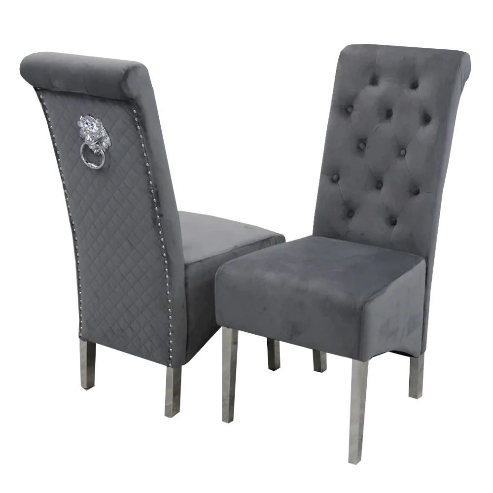 Louis 160CM Marble & Chrome Dining Table With Lucy Slim Quilted Lion Knocker Velvet Chairs