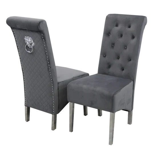 Elina 180cm Marble & Chrome Dining Table With Lucy Quilted Lion Knocker Velvet Chrome Chairs