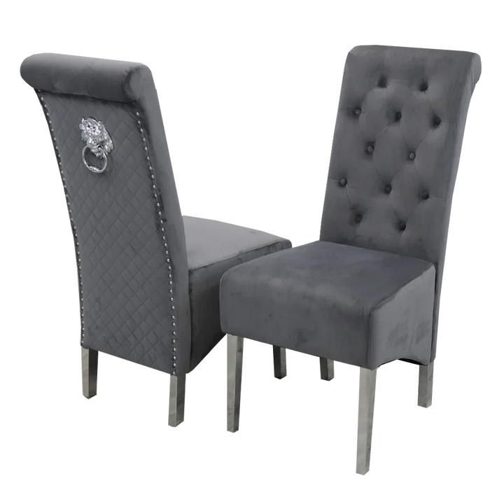 Louis 130cm Marble Round Dining Table + Lucy Slim Quilted Lion Dining Chairs