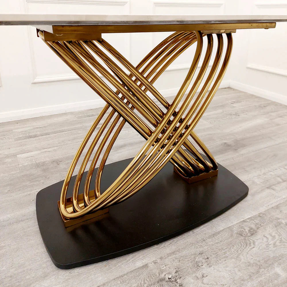 Orion 180cm White/Gold Dining Table With Victoria Lion Knocker Velvet Gold Chairs