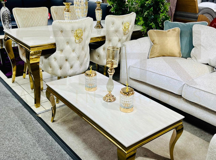 Louis 180cm Cream & Gold Marble Dining Table + Valente Cream Gold Lion Knocker Velvet Chairs-Esme Furnishings