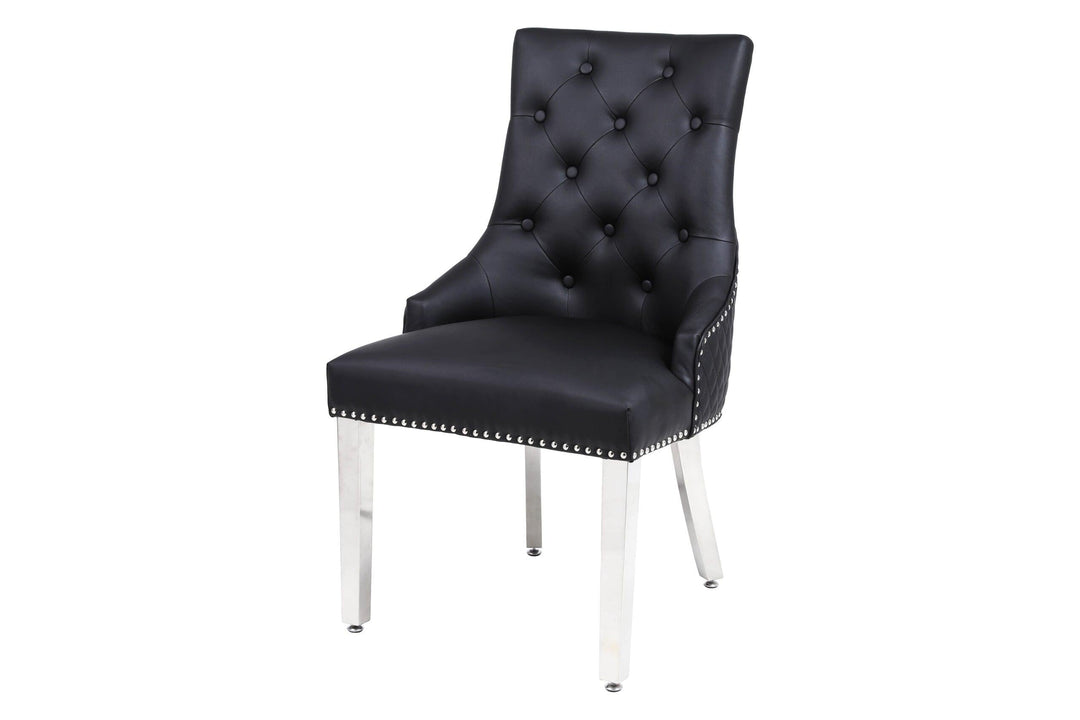 Winchester Black PU Dining Chair Faux Leather Lion Knocker Chrome-Esme Furnishings