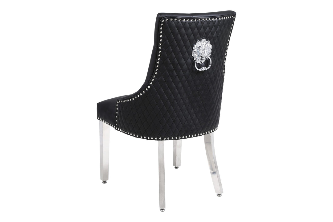 Elina 180cm Grey Marble & Chrome Dining Table + Majestic PU Leather Lion Knocker Dining Chairs