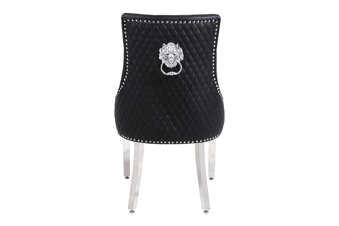 Elina 180cm Grey Marble & Chrome Dining Table + Majestic PU Leather Lion Knocker Dining Chairs