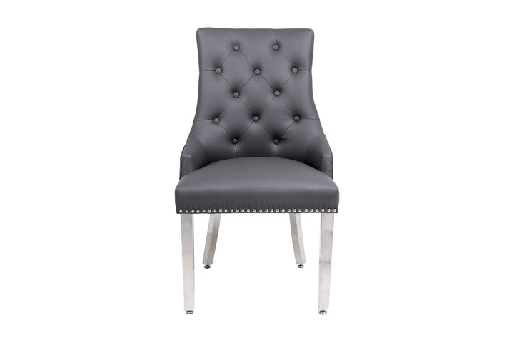 Arianna Marble & Chrome Dining Table With Leather Quilted Lion Knocker PU Leather Chairs