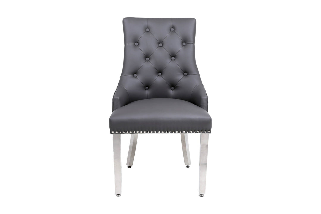 Louis Marble & Chrome Dining Table With Grey Quilted Lion Knocker PU Leather Chairs & Majestic 140cm Grey Bench PU Leather