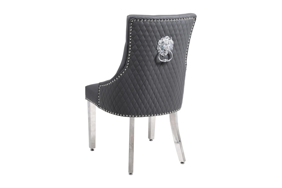Elina 180cm Grey Marble & Chrome Dining Table + Majestic PU Leather Lion Knocker Dining Chairs