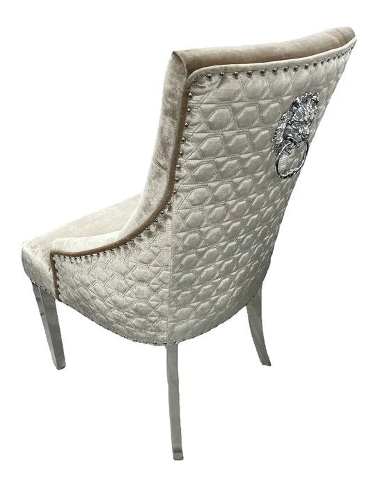 Majestic Chrome Lion Knocker Quilted Tufted Shimmer Velvet Dining Chair Chrome Legs - 2 Colours