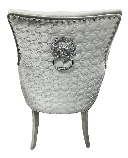 Majestic Chrome Lion Knocker Quilted Tufted Shimmer Velvet Dining Chair Chrome Legs - 2 Colours