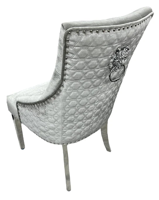 Majestic Chrome Lion Knocker Quilted Tufted Shimmer Velvet Dining Chair Chrome Legs - 2 Colours