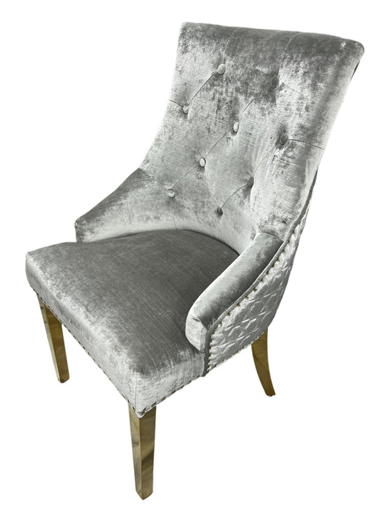 Majestic Gold Lion Knocker Quilted Tufted Shimmer Velvet Dining Chair Gold Legs - 2 Colours-Esme Furnishings