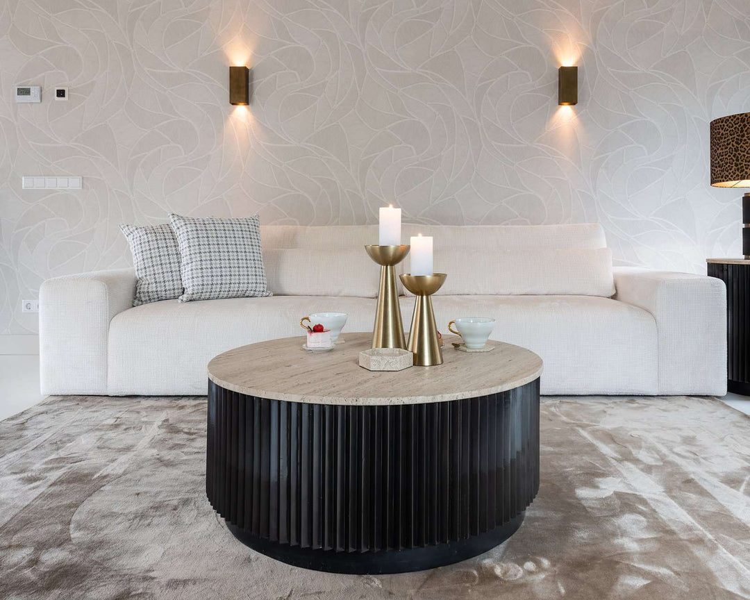 Richmond Interiors Hampton Black Wood & Beige Travertine Round Coffee Table
