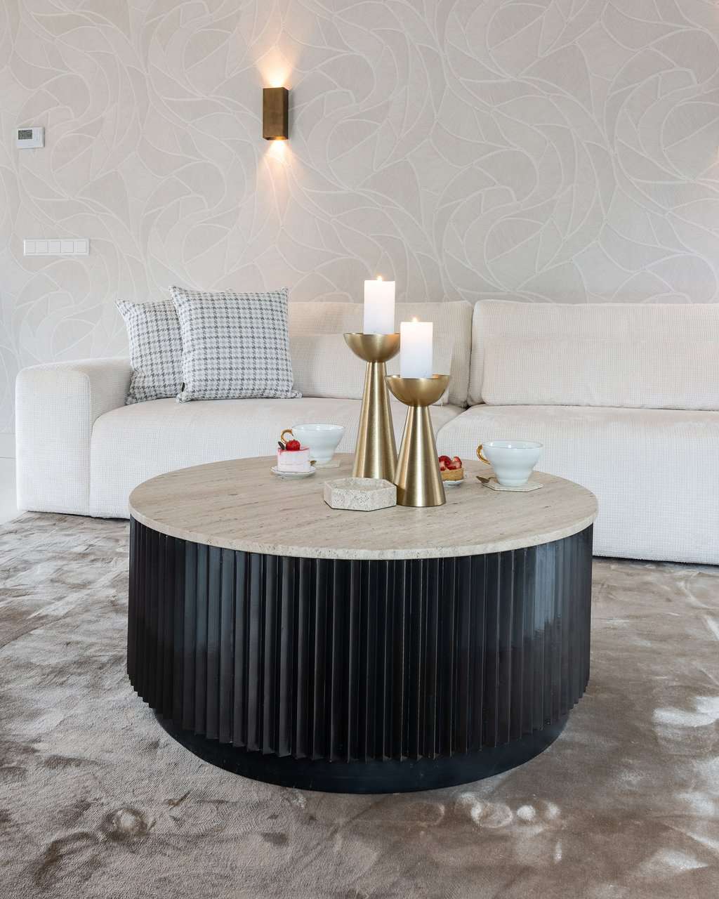 Richmond Interiors Hampton Black Wood & Beige Travertine Round Coffee Table