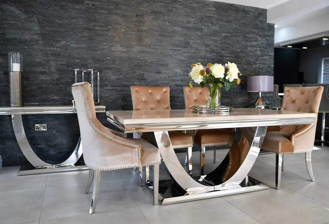 Arial 200cm Cream Marble Dining Table + Champagne Knocker Plush Velvet Chairs-Esme Furnishings